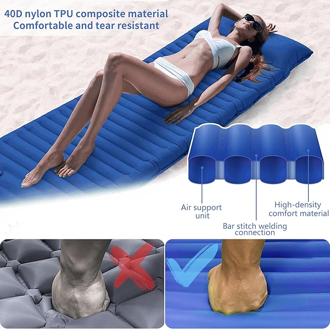 ONTYZZ Inflatable Sleeping Pad Ultralight Inflatable Sleeping Pad Camping Sleeping Pads with Pillow and Built-in Foot Pump for Hiking Traveling Camping, Blue