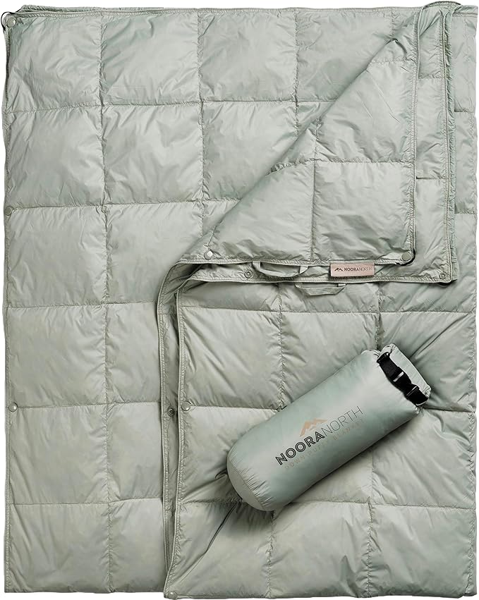 Down Camping Blanket - Warm Puffy Camping Quilt for Cold Weather, Backpacking, Hiking, Beach, Travel Gear - Lightweight Outdoor Packable Blanket Poncho or Throw & Bag - 50x77