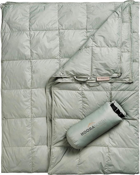 Down Camping Blanket - Warm Puffy Camping Quilt for Cold Weather, Backpacking, Hiking, Beach, Travel Gear - Lightweight Outdoor Packable Blanket Poncho or Throw & Bag - 50x77