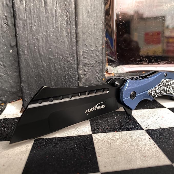 ALBATROSS Folding Pocket Knife, 3" Black Blade, 4.75" Aluminum Handle with the skull pattern, Liner Lock (Blue)