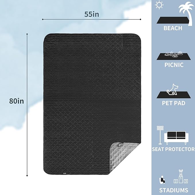 Mellowdy Easy-Carry Outdoor Blanket - Waterproof, Windproof, Warm, Utility Blanket for Camping, Picnic, Stadium, Beach, Gameday, Travel, Foldable with Carrying Bag (Jet Black,55x80 inch)