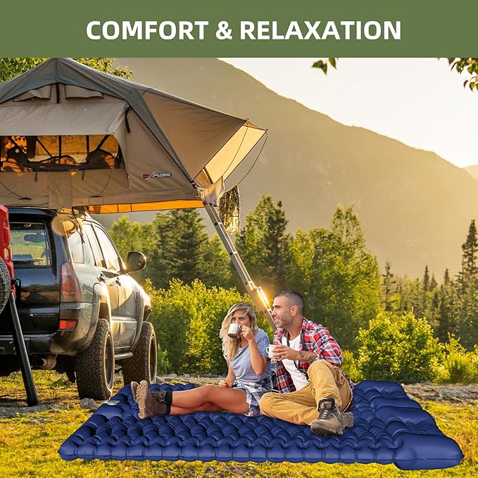 Double Sleeping Pad for Camping, Self-Inflating Sleeping Mat with Built-in Foot Pump, Air Mattress with Pillows, Foldable Camping Sleeping Pad for Hiking, Backpacking, Traveling (Blue)