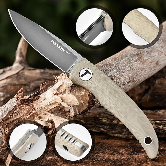 TONIFE Nova 2.68'' Blade Mini Neck Knife Knife Full Tang Fixed Blade Knife with Kydex Sheath and Adjustable Paracord Lanyard for Camping Outdoor Survival Tool (Warm Sand+Gray Titanium)