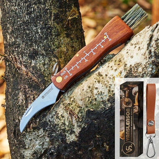 Professional Folding Mushroom Knife with Brush + Removable Leather Strap Wood Handle Foraging Knife for Fungus Truffles Handy Pocket Knife (Small)