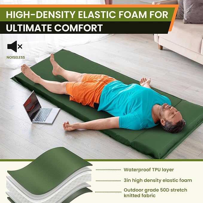 ropoda Self Inflating Sleeping Pad - Fast-Rebound, 3" Thick Elastic Foam Sleeping Pad,Camping Mat with Pillow, Storage Bag, 4-Season Camping Mattress Pad for Camping, Cars, Expandable Sleeping Pad…