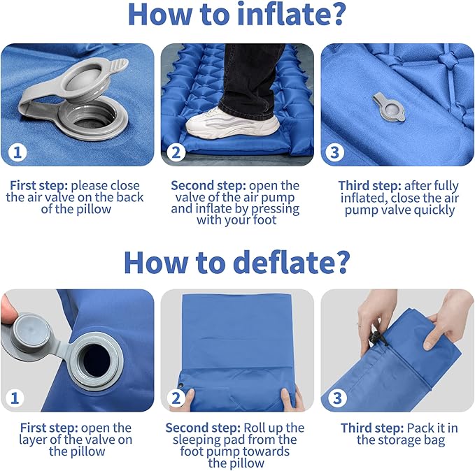 Single Sleeping Pad for Camping, Ultralight Inflatable Sleeping Mat with Pillow and Built-in Foot Pump, Portable Camping Mattress for Tent, Backpacking, Hiking, Traveling（Blue）