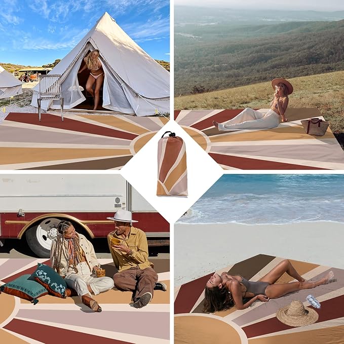 Extra Large Beach Blanket Waterproof Sandproof, Boho Starburst Beach Mat for 8 Adults w/Stakes and Sand Pocket, Compact & Lightweight Picnic Blankets for Outdoor, Travel, Camping, Hiking