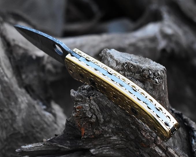 SHINY CRAFTS -Damascus Pocket Knife Knives For Men OTF Knife Survival Knife- Folding Knives - Everyday Carry - PlainEdge - Leather Sheath (FK 30)