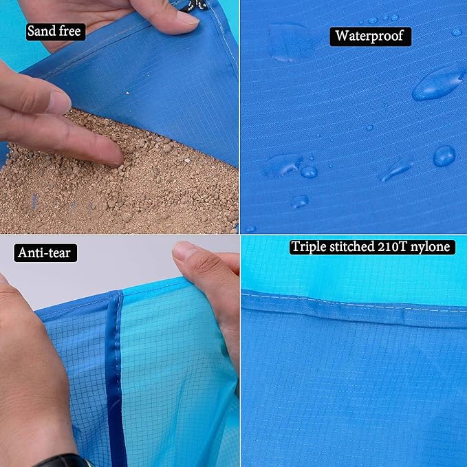Sand Free Beach Blanket, Large/Oversized Outdoor Picnic Mat Waterproof Quick Drying Ripstop Nylon Compact Sandproof Beach Blanket for Camping Hiking Fishing Travel (L,82"X79")