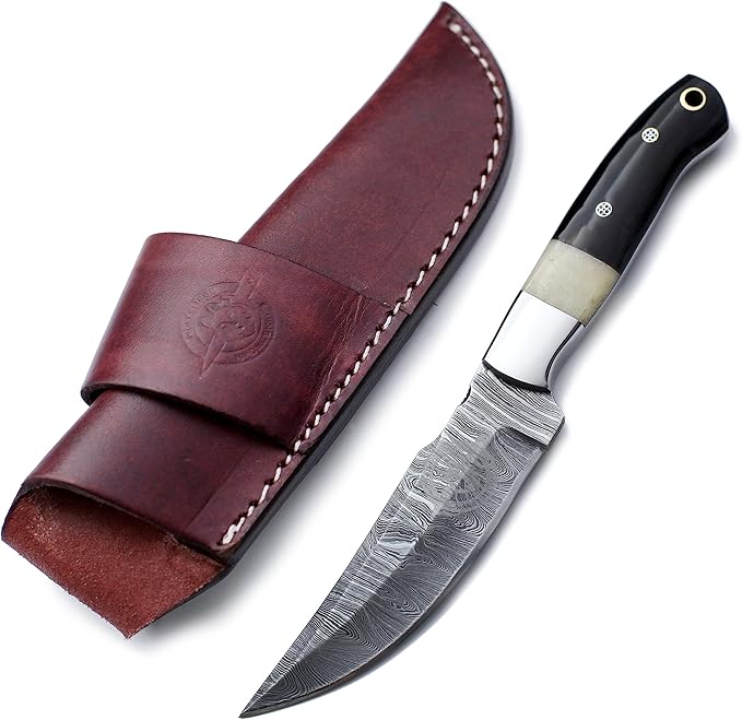 Handmade Damascus Steel Fixed Blade Knife Ideal for EDC Hunting,Survival,Camping,Bushcraft,And Fishing Fixed Blade with Drop Point Blade-Full Tang Bone Handle with CowHide-Leather Sheath-WKD-786