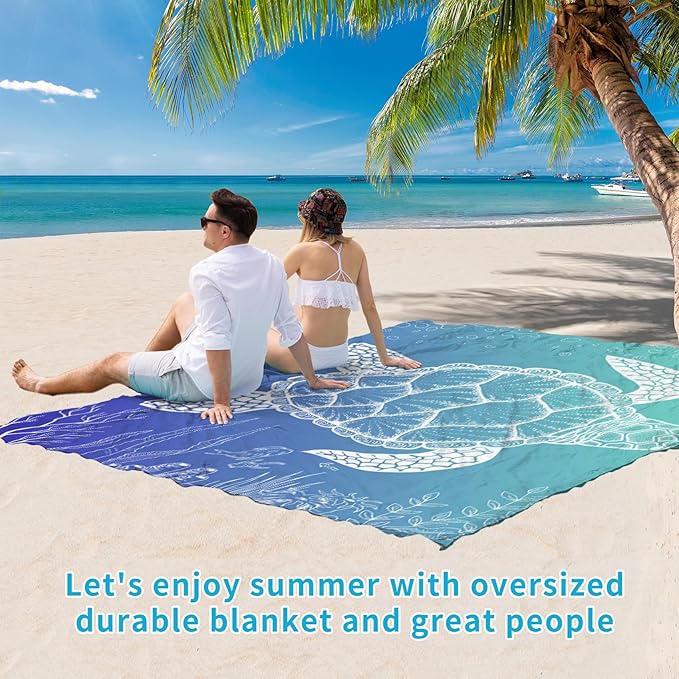 BYDOLL Beach Blanket Sea Turtle Sandproof Waterproof 78''×81'' 1-4 Adults Compact Lightweight Oversized Beach Blanket Large Picnic Mat Beach Blanket for Travel Camping