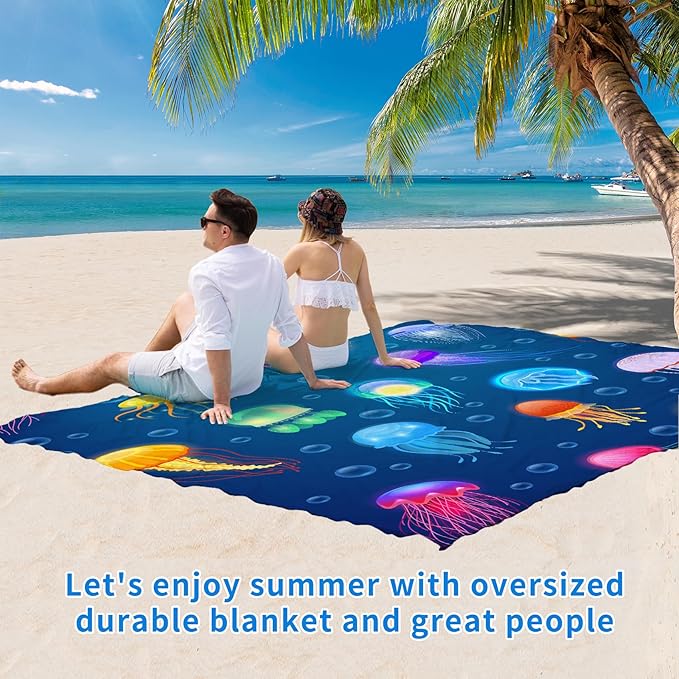 BYDOLL Beach Blanket Jellyfish Sandproof Waterproof 78''×81''1-4 Kids Adults Compact Lightweight Oversized Blanket Large Picnic Mat Beach Blanket for Travel Camping Hiking Picnic