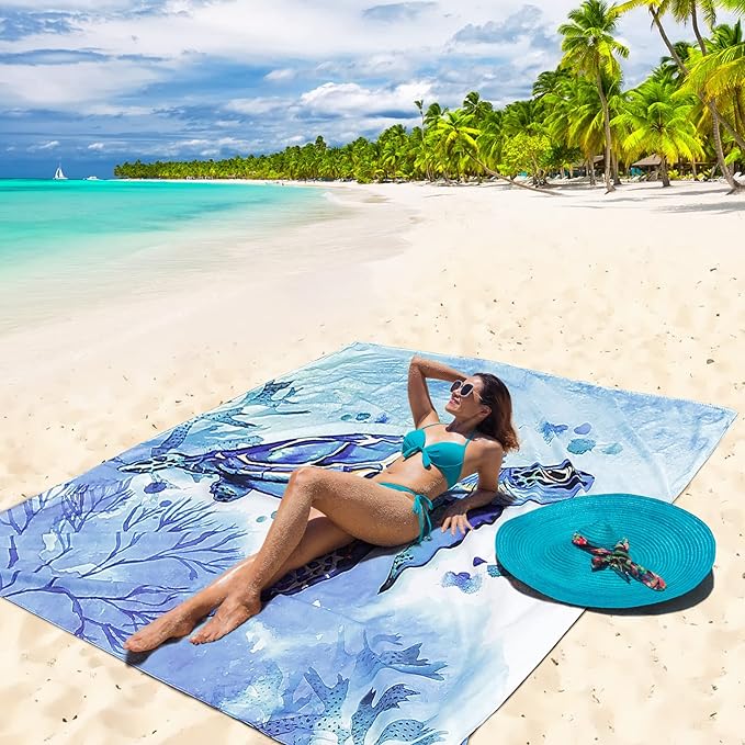 Beach Blanket Sandproof Extra Large Beach Mat Adults Waterproof Quick Drying Sand Free Mat Made by Premium Polyester with 4 Stakes & 4 Corner Pockets for Outdoor Travel Camping Hiking