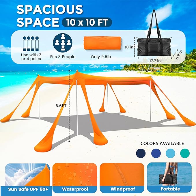 Beach Canopy Beach Tent Pop Up Shade 10x10ft Sun Shelter UPF50+ with 8 Sandbags-2 Sand Shovel-4 Aluminum Poles-Ground Pegs-Portable Carrying Bag for Outdoor Family Camping Fishing Yard Picnic