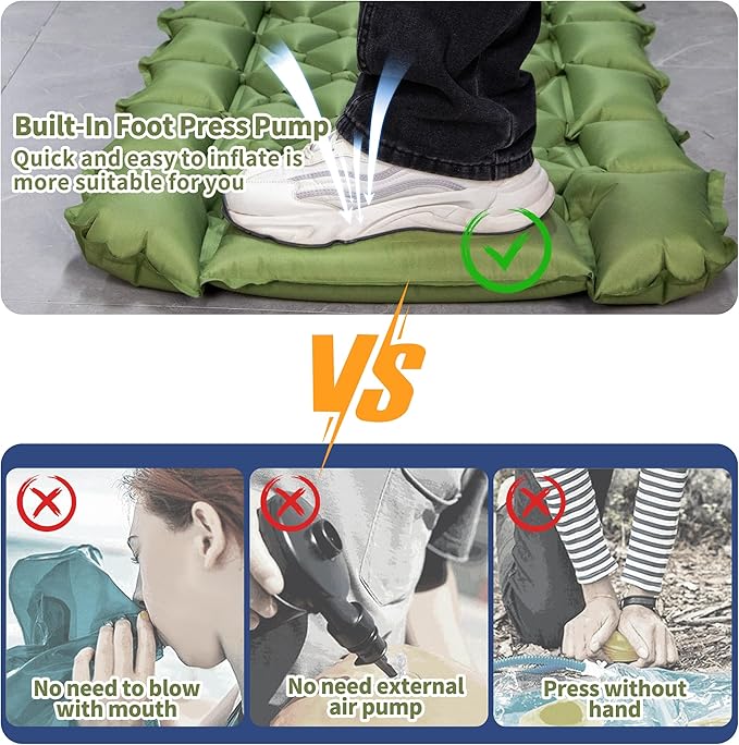 Single Sleeping Pad for Camping, Ultralight Inflatable Sleeping Mat with Pillow and Built-in Foot Pump, Portable Camping Mattress for Tent, Backpacking, Hiking, Traveling（Green）