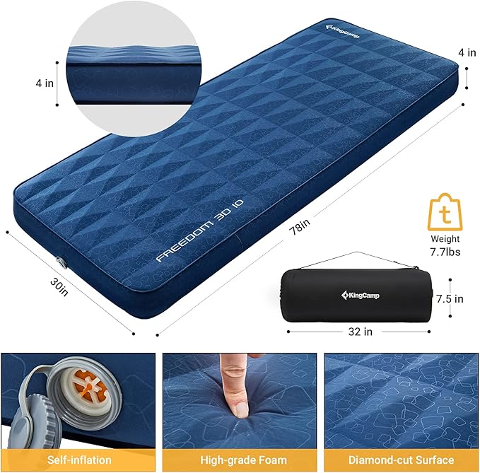 KingCamp Luxury 3D Self Inflating Sleeping Pad Ultra 4" Thick Foam Camping Mattress 11 R Value 78"x30" Portable Sleeping Mat for Indoor Outdoor Travel Winter Camping, Single-Navy