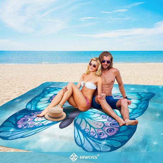 Beach Blanket Waterproof Sandproof Oversized 95”x 80”,Sand Free Beach Mat with Corner Pockets,Portable Mesh Bag for Beach Festival,Picnic,Travel and Outdoor Camping (SkyButterfly)