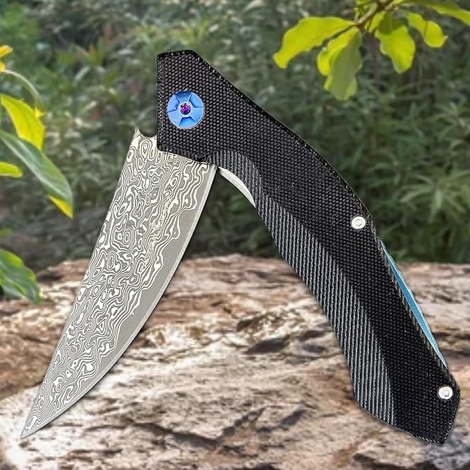 TACTICAL GEARZ EDC Damascus Pocket Folding Knife! G10 Handle! 67 Multi-Layered VG10 Damascus Steel Blade. Includes Sheath! (XT Black)