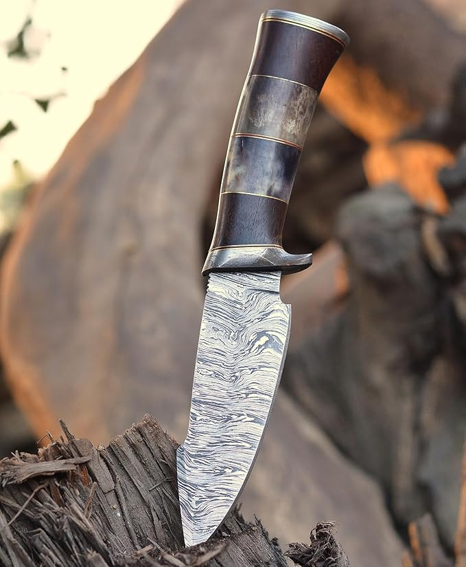 Damascus Steel Hunting Knife Fixed Blade for Camping, Survival- Premium Outdoor Gear for Versatile Use - Razor Sharp Edge with Bone and Rose Wood