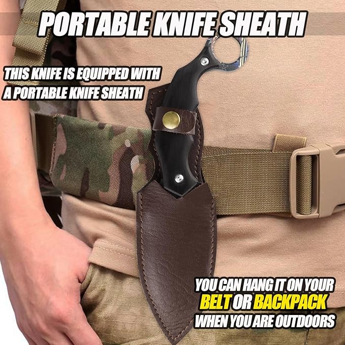 Fixed Blade, 8.7” Full Tang Tactical Knife with Leather Sheath, Ebony Wood Handle, Outdoor Survival, Camping, Hunting, 2024 Gift for man and women, SRB-C