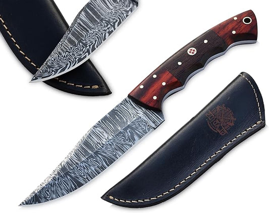 GLADIUS CRAFTS" 9 Inch Handmade Damascus Skinner Knife with leather sheath - EDC Full tang fixed blade with RoseWood handle - Ideal for Camping, Hunting & Skinning, and Bushcraft