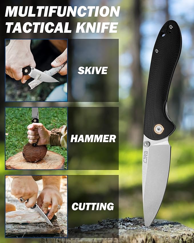 CJRB Folding Knife Feldspar Pocket Folding Knife Stonewash D2 Steel Blade G10 Tactical Handle EDC Knife,Black Handle (J1912)