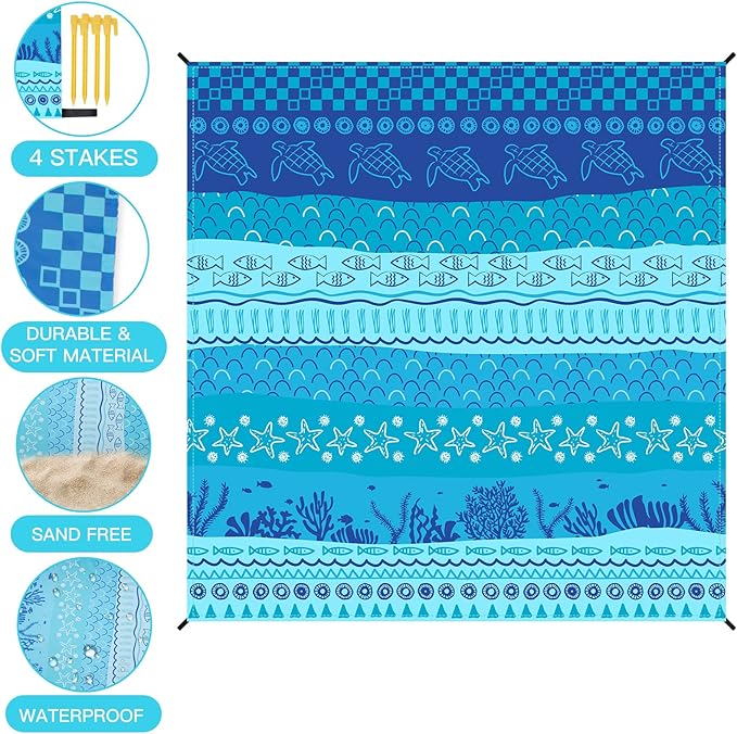 Airensky Beach Blanket, Sandproof Beach Mat 79" X 82" for 4-7 Adults, Large Waterproof Beach Blanket Quick Drying Lightweight Beach Blanket with 4 Stakes for Travel Camping Hiking(Blue Sea World)