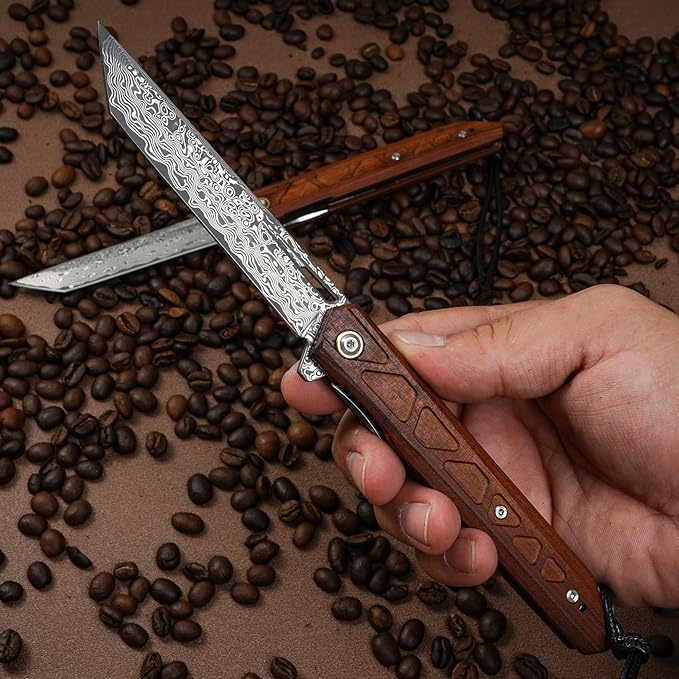 Handmade Forged VG10 Damascus Steel Blade, EDC Folding Knife Rosewood Handle, Pocket Clip.