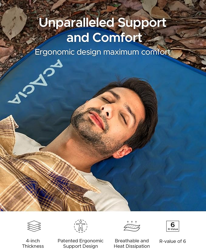 ACACIA 4" Thick Self Inflating Sleeping Pad with Foam, Innovative Y-Shaped Telescopic Structure, Ultraportable Camping Air Mattress with Pump Sack, Outdoor Compact Sleep Bed for Travel Tent Car