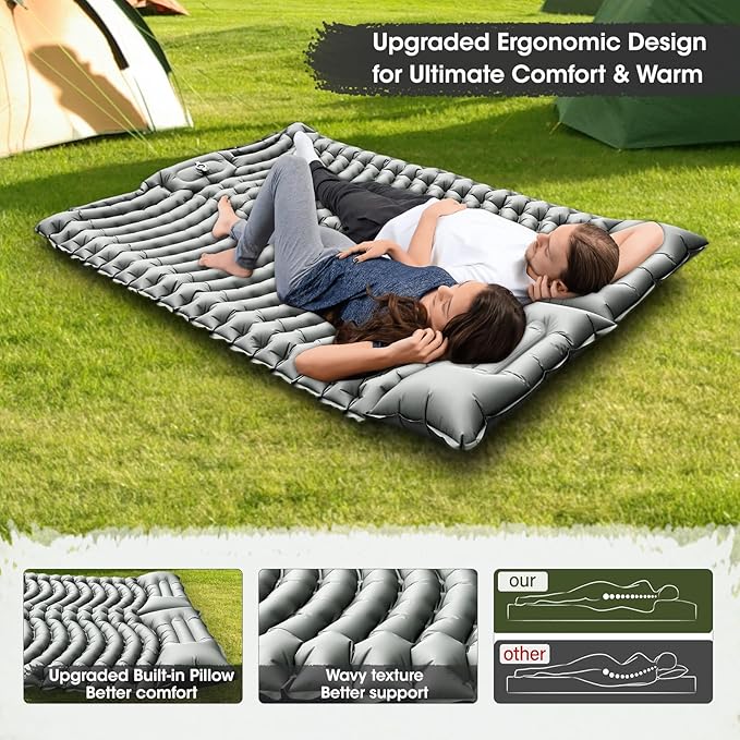 Double Sleeping Pad Extra Thick,Self Inflating Camping Mattress 2 Person with Pillow Built-in Foot Pump Reinforced Support Structure Inflatable Sleeping Mat Portable for Home Tent Backpacking Hiking
