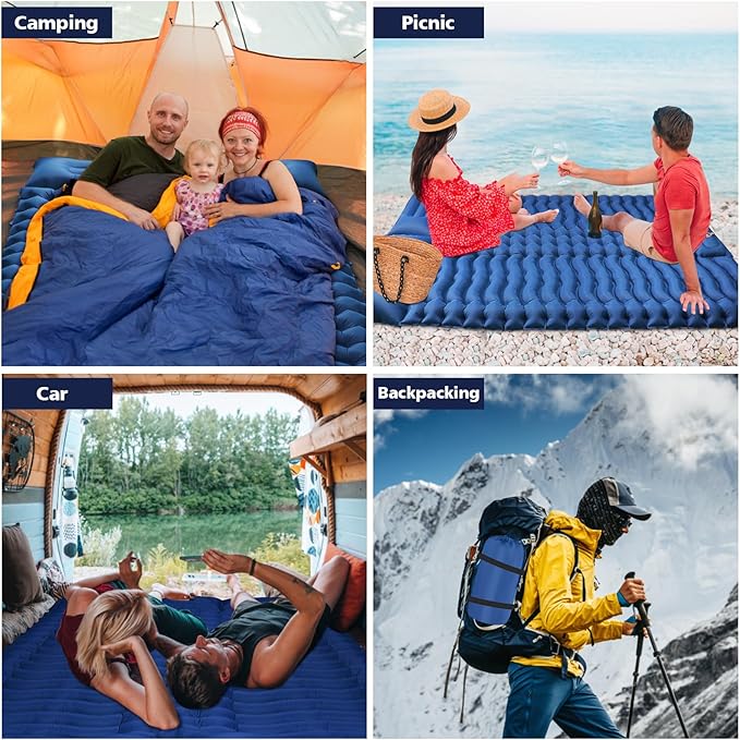 Double Camping Sleeping Pad with Built-in Foot Pump and Pillows Thick Inflatable 2 Person Portable Camping Mat for Hiking Backpacking Tent