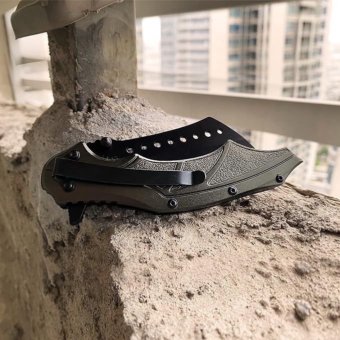 ALBATROSS Folding Pocket Knife, 3" Black Blade, 4.75" Aluminum Handle with the skull pattern, Liner Lock (Gray)