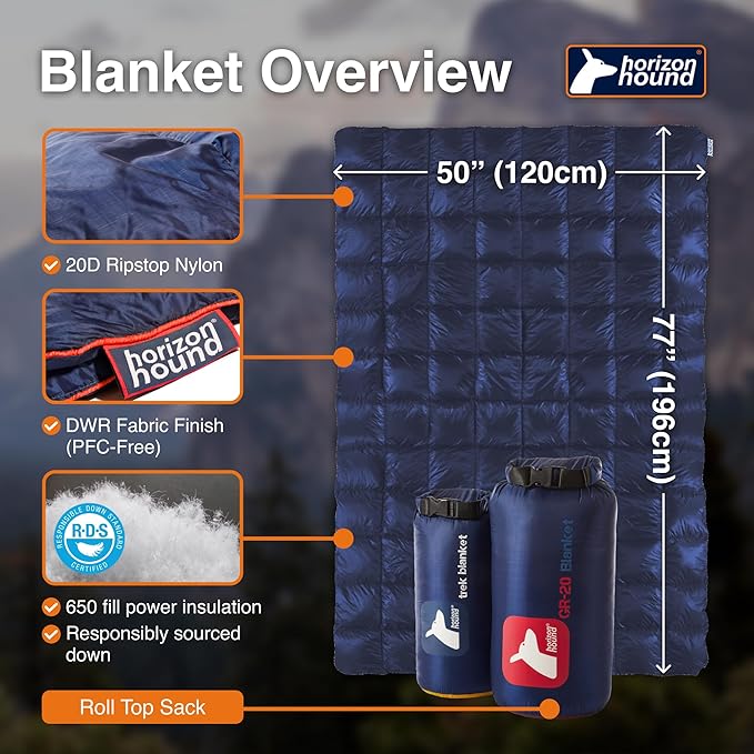 Horizon Hound Down Camping Blanket - Outdoor Travel Quilt | Sustainable, Insulated, Lightweight & Warm Gear for Sleep, Camping, Stadium, Hiking & Festivals | Water Resistant, Packable & Compact