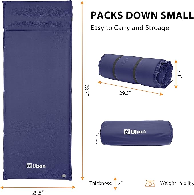 Ubon Self Inflating Sleeping Pad with Pillow for One People Fast Inflating Camping Mat 2 Inch Camping Mattress for Camping Hiking and Backpacking - Navy