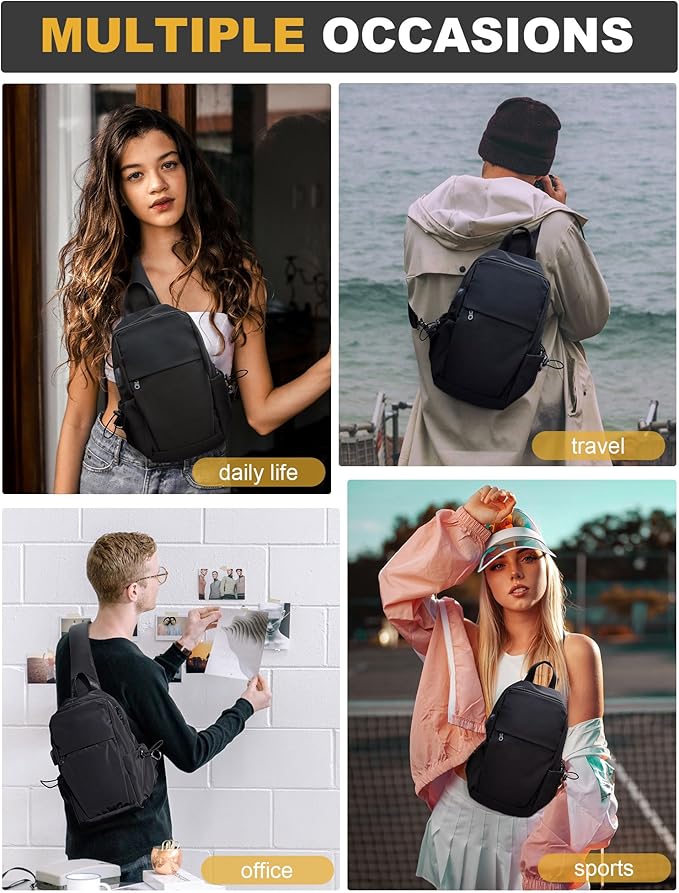 Medium Black Black Sling Bag for Men and Women - Sport Crossbody Backpack for Pickleball, Tennis, Racketball
