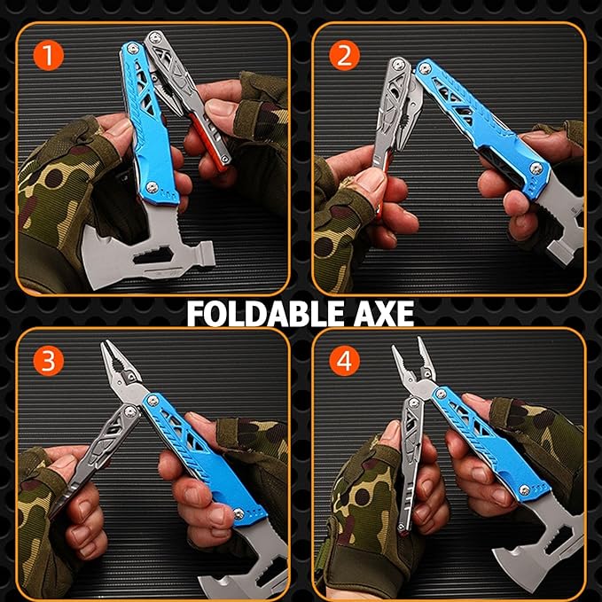 Camping Axe Multitool 17 IN 1, Foldable Camping Essentials Survival Gear Hatchet with Knife, Adjustable Wrench, Hammer, Screwdriver, Outdoor Multi Tool Stainless Steel Mens Gifts(Black)