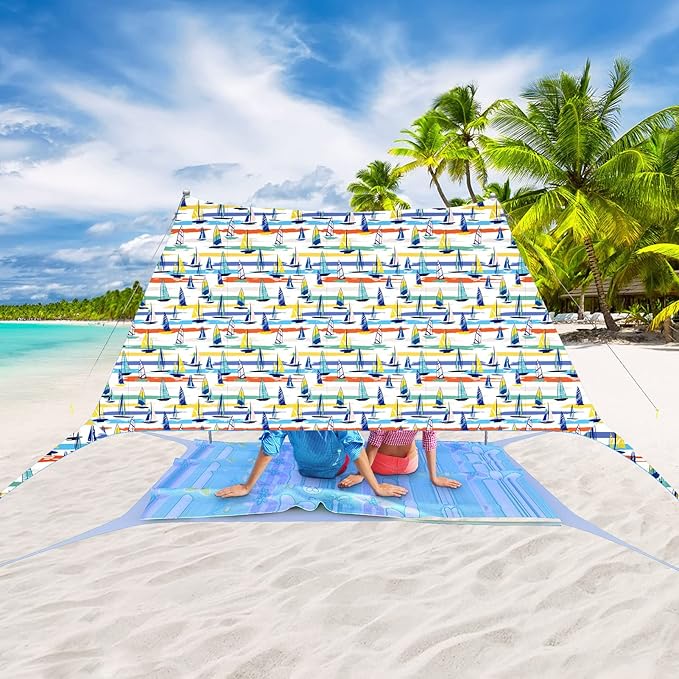 Beach Tent Pop Up Sun Shade Canopy Sun Shelter UPF50+ with 4 Stability Poles/Carry Bag/Ground Pegs/Sand Shovel/Windproof Ropes Portable Outdoor Family Sunshade for Beach Camping Fishing Picnic