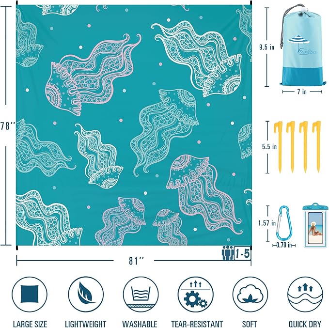 Beach Blanket Sandproof Waterproof 78''×81''1-5 Adults Oversized,Compact Lightweight Durable Beach Mat for Travel Camping Hiking Picnic Blanket