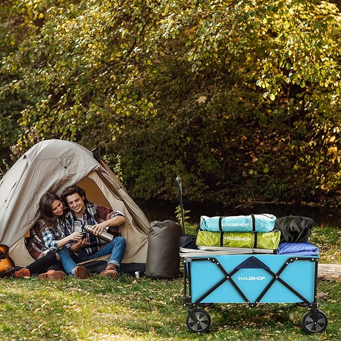 HAUSHOF Heavy Duty Collapsible Wagon, Folding Outdoor Utility Wagon, Camping Garden Beach Cart with Universal Quick Release Wheels, Adjustable Handle, 176 lbs Load Capacity, Blue