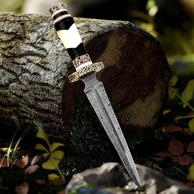 NBGRLVS Damascus Beautiful Steel Dagger Knife - Camel Bone Handle - Sharp Edge Fix Blade - Genuine Multipurpose Knife 12.5” Handmade Premium Quality - Bull Horn with Brass Spacer Ideal for Outdoor