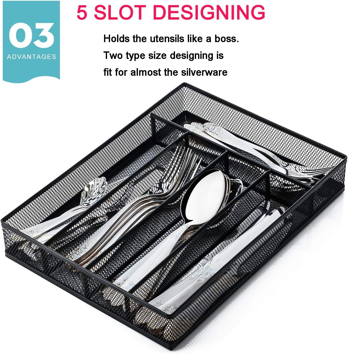 JANE EYRE Utensil Drawer Organizer, Cutlery Tray Silverware Flatware Storage Divider for Kitchen, Mesh Wire with Non-slip Foam Feet, 5 Component, Black