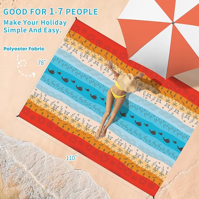 BYDOLL Beach Blanket Sandproof Waterproof 78''×110'' 1-7 Adults Compact Lightweight Oversized Beach Blanket Large Picnic Mat Beach Blanket for Travel Camping Hiking Picnic