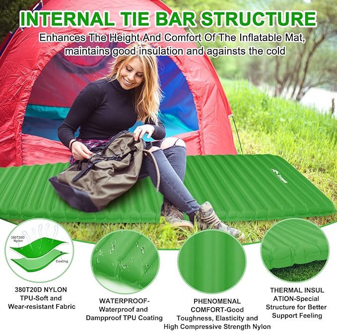 Sleeping Pad for Camping - Ultralight Inflatable Sleeping Mat for Camping Backpacking Hiking Tent Traveling - Portable Compact Lightweight Waterproof Air Mattress with Inflating Bag - Green