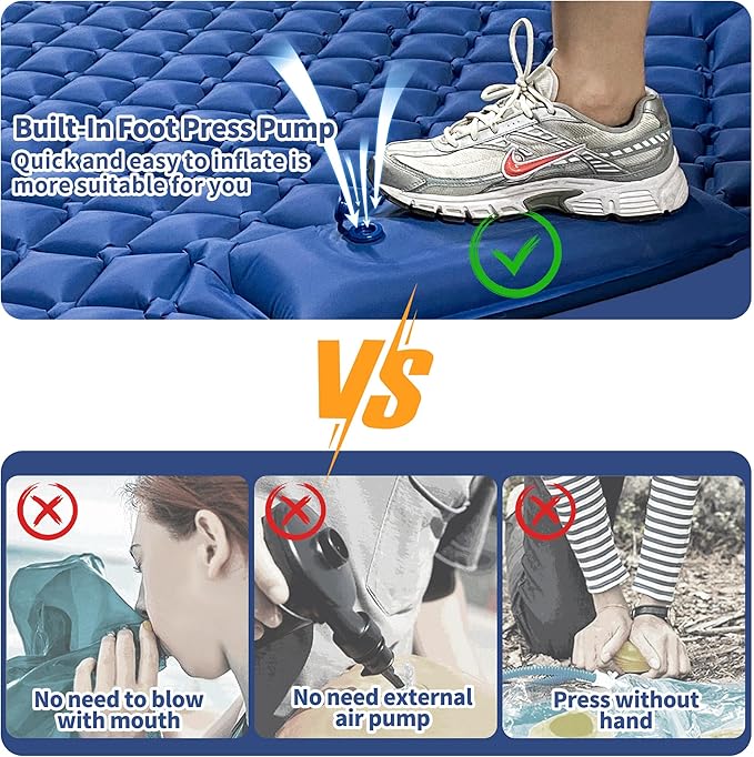 Double Sleeping Pad for Camping, 2 Person Ultralight Inflatable Sleeping Mat with Pillow and Built-in Foot Pump, Portable Camping Mattress for Tent, Backpacking, Hiking, Traveling