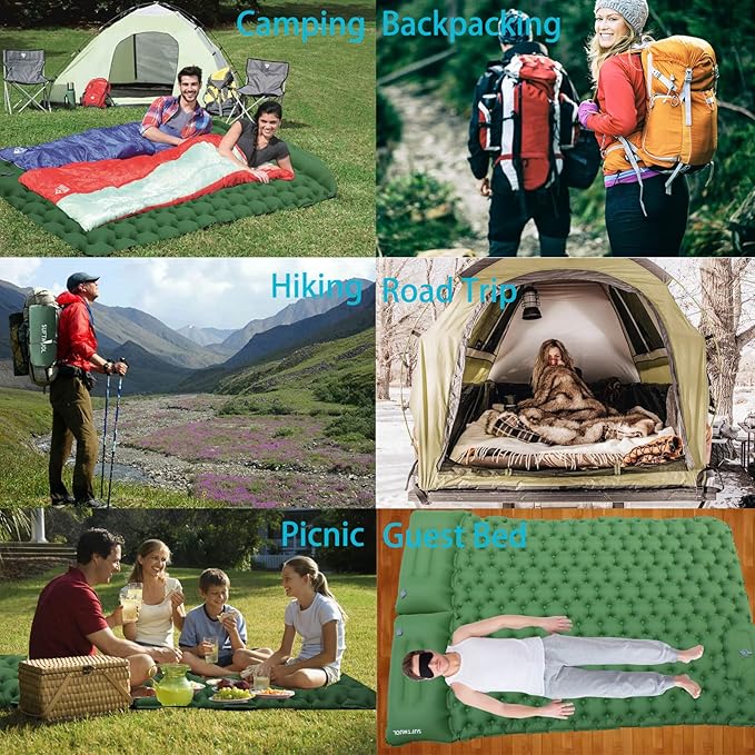 Double Camping Sleeping Pad for Camping Hiking Backpacking 2 Person Self Inflating Sleeping Mat Portable Ultralight Compact Green