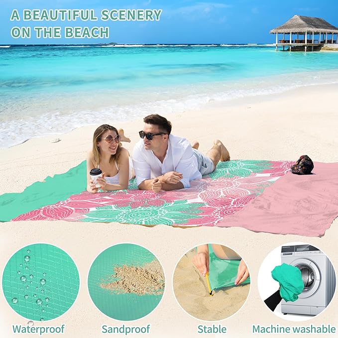 BYDOLL Beach Blanket Sandproof Waterproof 10'×9' 1-8 Kids Adults Compact Lightweight Oversized Beach Blanket Large Picnic Mat Blanket for Travel Camping Hiking Picnic