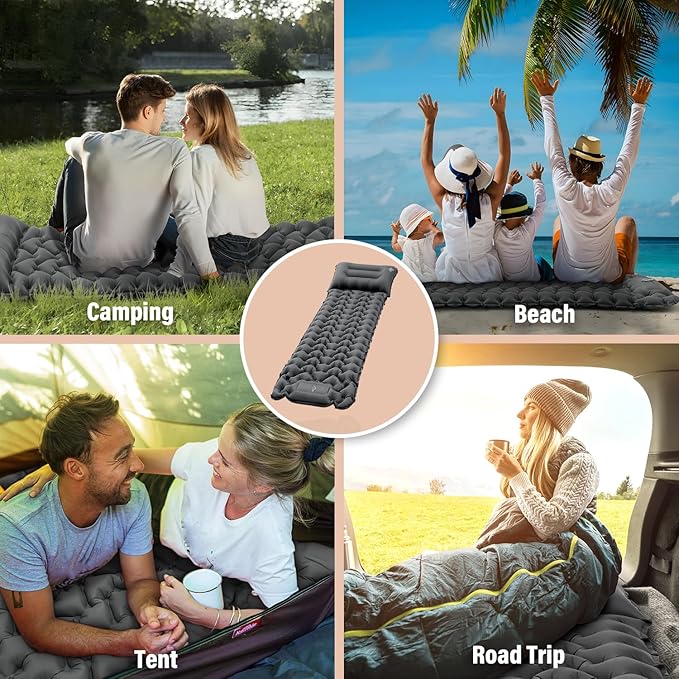 Sleeping Pad, 50D Ultralight Camping Mat with Pillow Built-in Foot Pump Sleeping Mat Waterproof Portable and Compact Camping Mattress for Backpacking Hiking Traveling Tent Air Mattress (Grey)