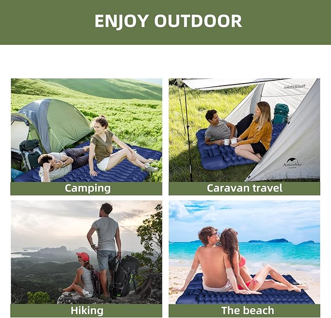 Double Sleeping Pad for Camping, Self-Inflating Sleeping Mat with Built-in Foot Pump, Air Mattress with Pillows, Foldable Camping Sleeping Pad for Hiking, Backpacking, Traveling (Blue)