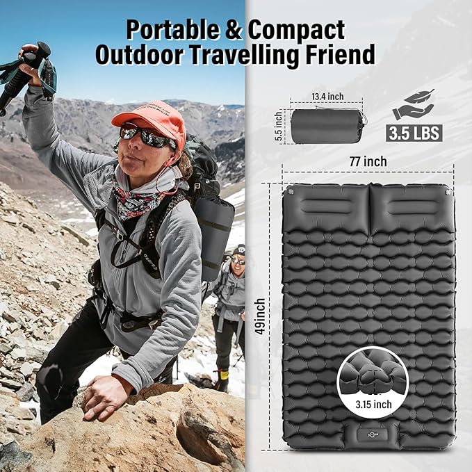 Double Sleeping Pad for Camping, Grey Inflatable Sleeping Mat with Pillow, Ultralight 2 Person Camping Pad with Built-in Foot Pump for Backpacking, Hiking, Tent, Portable Camping Mattress
