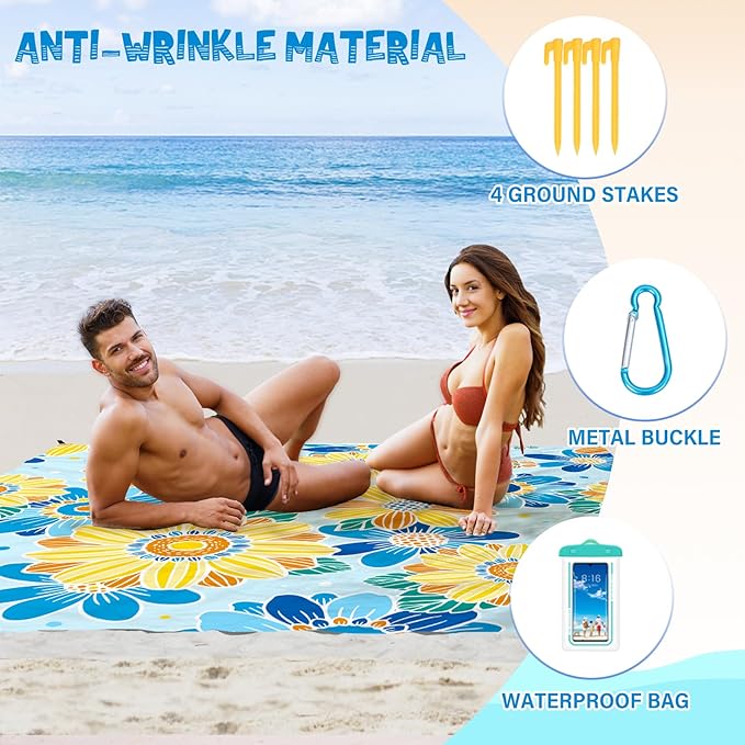 Beach Blanket Waterproof Sandproof 1-7 Adult Oversized 78 '' × 110 '' Lightweight Durable Compact Sand Free Beach Mat for Travel Camping Hiking Picnic Blanket Extra Large